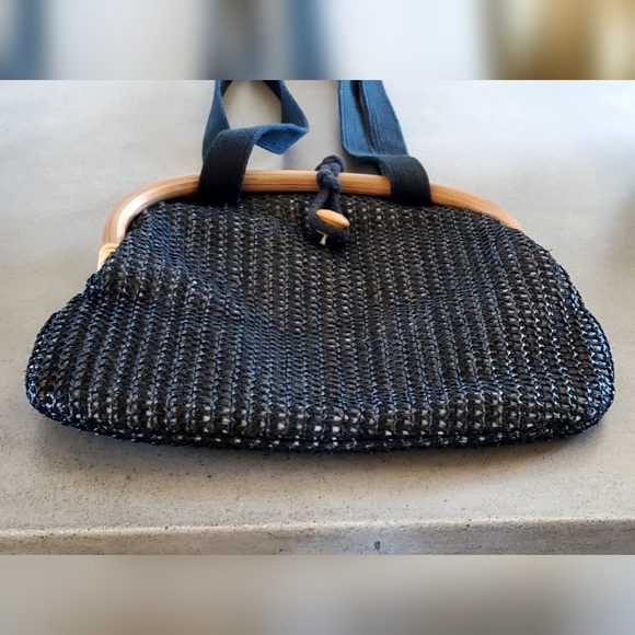 Vintage 1950's Black Woven Rafia Overlay Bamboo Frame Shoulder Bag, EUC - Picture 7 of 15